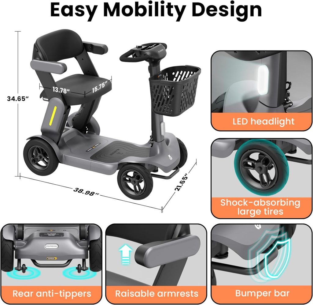Foldable Mobility Scooter - Electric Scooter with Seat for Adults - Wheelchair Alternative - 25 Miles on 1 Charge, Enhanced Safety, Lightweight for Travel, LED, Basket, Charger Included