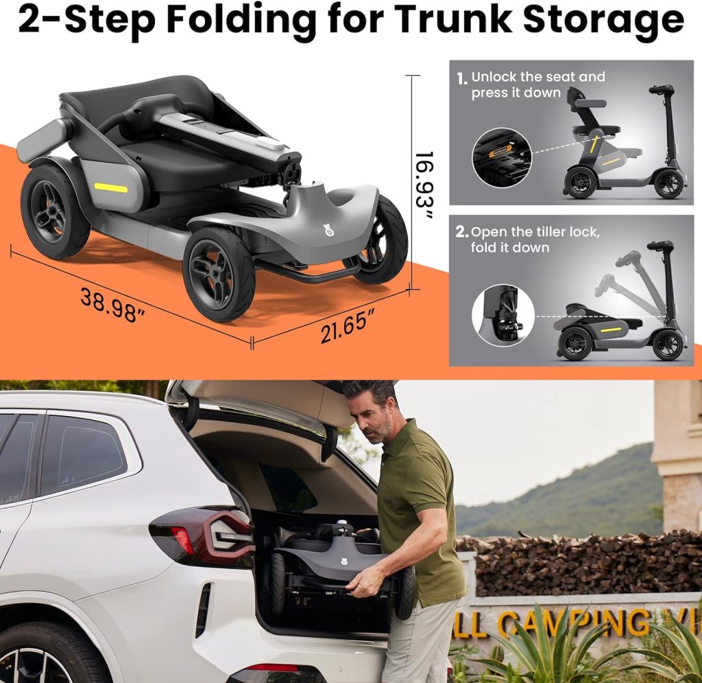 Foldable Mobility Scooter - Electric Scooter with Seat for Adults - Wheelchair Alternative - 25 Miles on 1 Charge, Enhanced Safety, Lightweight for Travel, LED, Basket, Charger Included