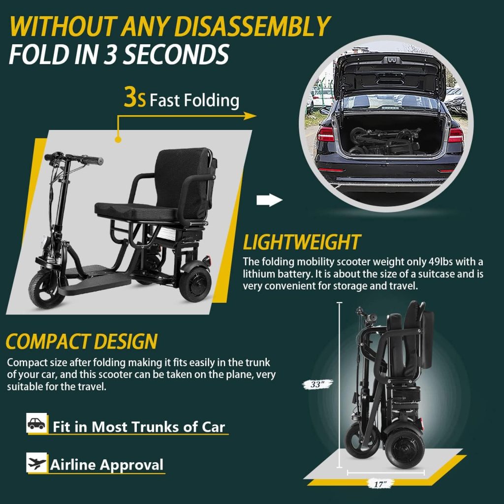 New Upgrade Folding Mobility Scooter - 20Miles Long Range 3 Wheel Electric Scooter Powered Portable Ultra Lightweight Compact Collapsible Design Travel with Detachable 8Ah Battery, Max Load of 300lbs