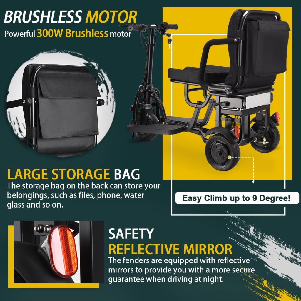 New Upgrade Folding Mobility Scooter - 20Miles Long Range 3 Wheel Electric Scooter Powered Portable Ultra Lightweight Compact Collapsible Design Travel with Detachable 8Ah Battery, Max Load of 300lbs