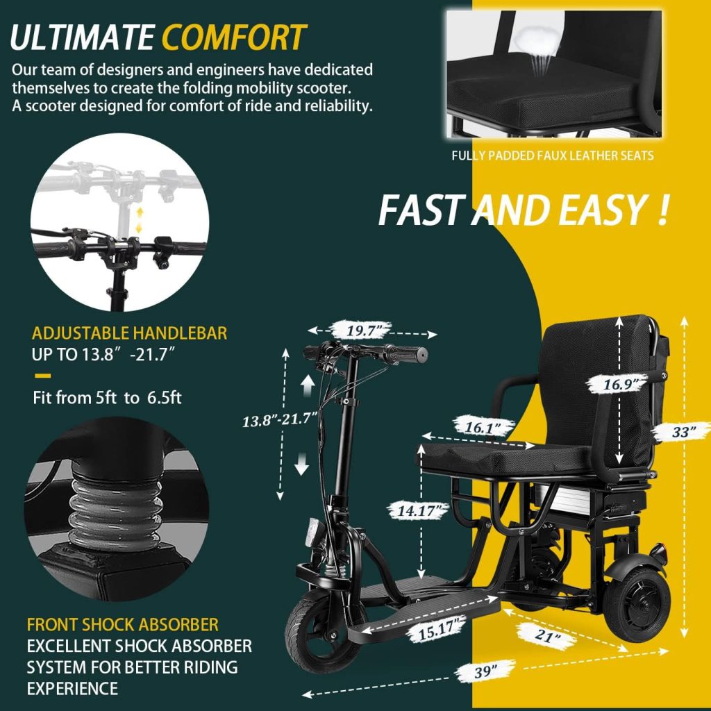 New Upgrade Folding Mobility Scooter - 20Miles Long Range 3 Wheel Electric Scooter Powered Portable Ultra Lightweight Compact Collapsible Design Travel with Detachable 8Ah Battery, Max Load of 300lbs