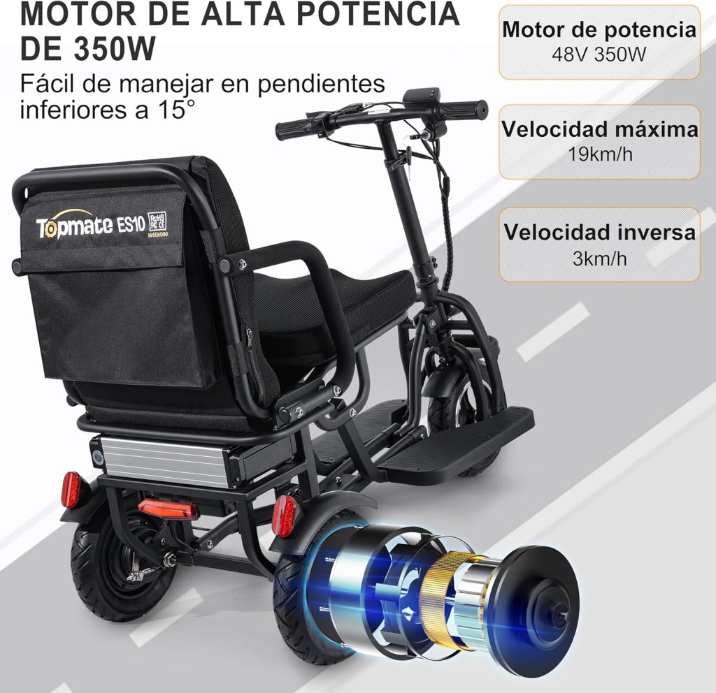 TopMate ES10 3 Wheel Electric Scooter Lightweight Folding Powered Mobility Scooter for Adult Seniors with Ergonomic Seat and Removable Battery, 350W Motor  3 Speed Adjustable, E-Trike with Basket