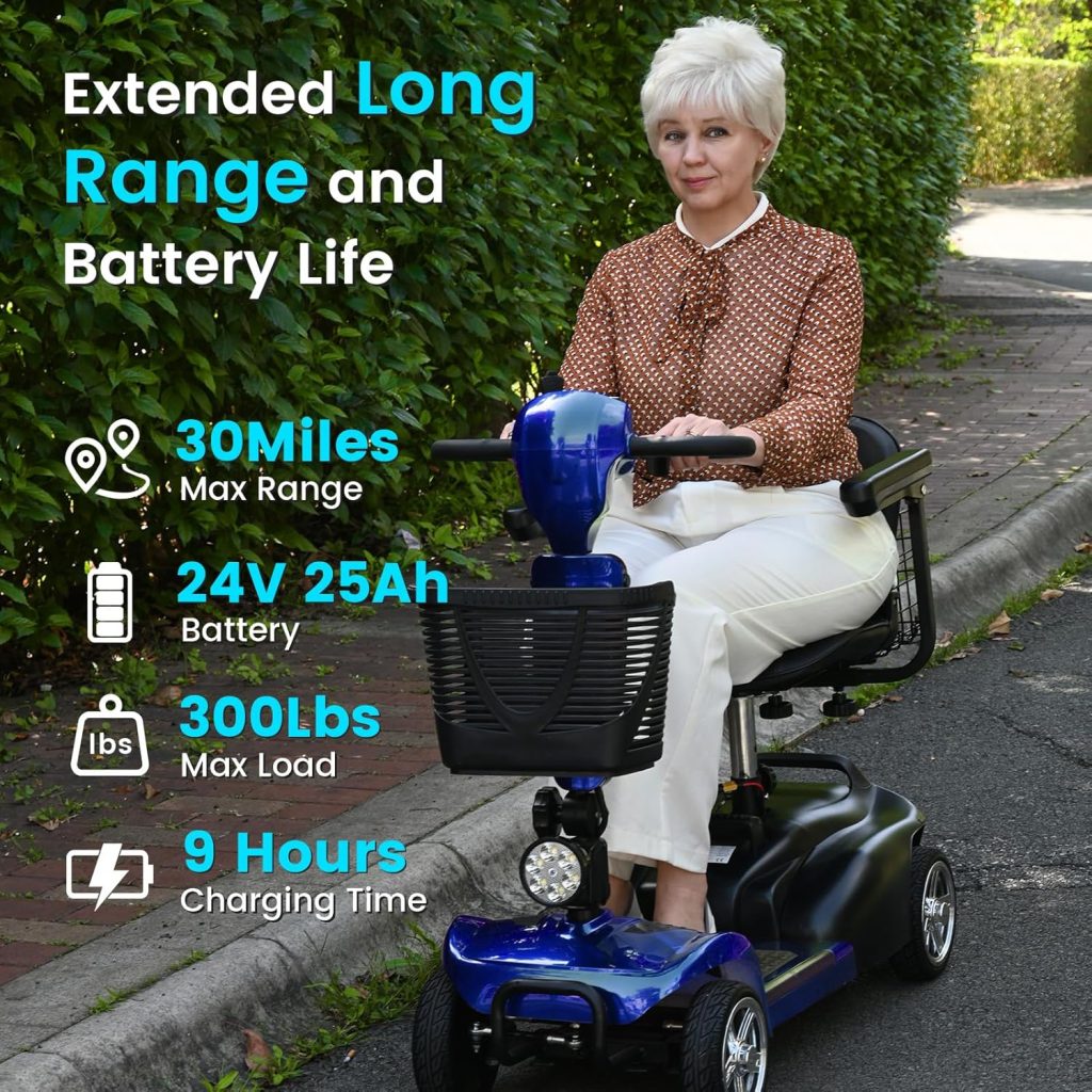 4 Wheel Mobility Scooter for SeniorsAdults - Up to 15 Miles Range,Foldable Powered Electric Wheelchair Device w/600WH Battery,Only 58 lb Weight, Dual Basket, 300 lb Capacity, Compact
