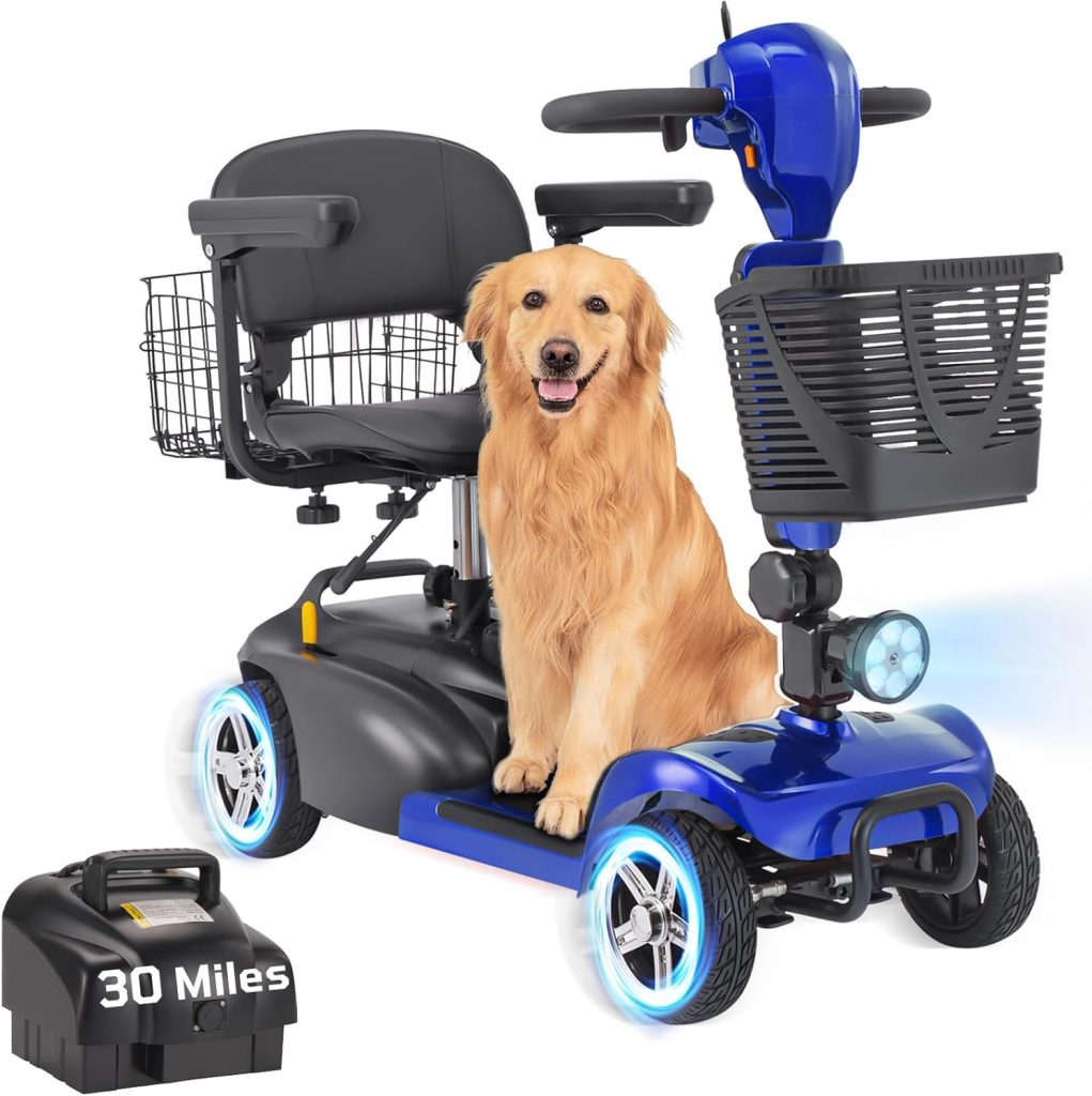 4 Wheel Mobility Scooter for SeniorsAdults - Up to 15 Miles Range,Foldable Powered Electric Wheelchair Device w/600WH Battery,Only 58 lb Weight, Dual Basket, 300 lb Capacity, Compact