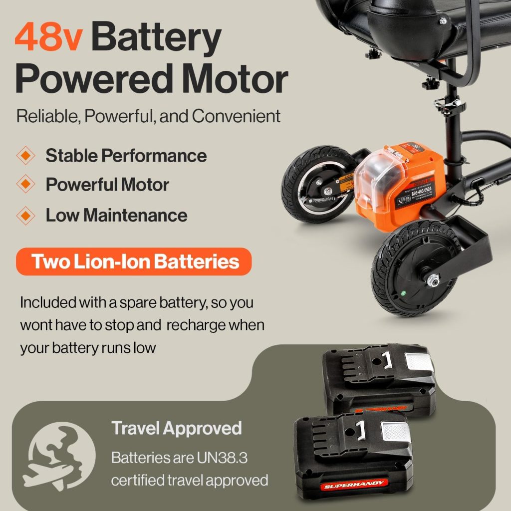SuperHandy Passport Plus Mobility Scooter - Foldable 3 Wheel, Aluminum Frame, Airline Friendly, 11 Mile Range, 2 Removable 48V Lithium Batteries  Charger, Supports 330 Lbs SuperHandy Passport Plus Mobility Scooter - Foldable 3 Wheel, Aluminum Frame, Airline Friendly, 11 Mile Range, 2 Removable 48V Lithium Batteries  Charger, Supports 330 Lbs
