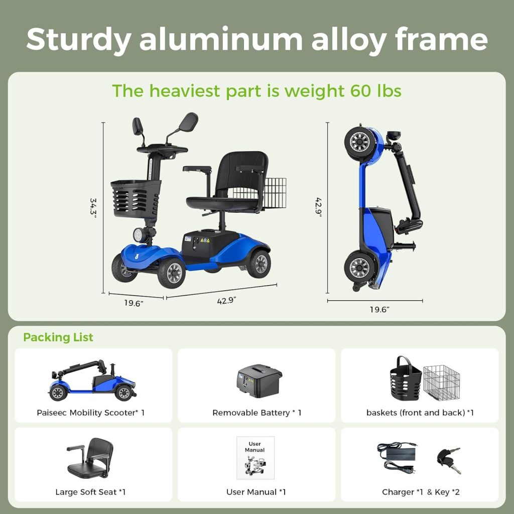 Paiseec D1 350lbs Mobility Scooter for Adults  Seniors, Foldable Mobility Scooters, 250W Powered Mobility Scooter, Motorized Scooter for Adults, 15 Miles Range, All-Terrain (Blue)