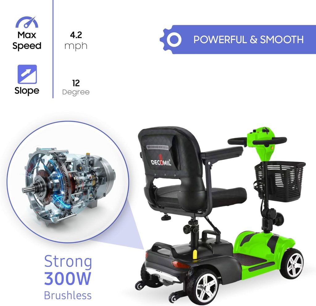 DECOMIL – Portable Mobility Scooter for Seniors, Foldable Electric Powered Scooter. Medical Travel Scooter for Adults, 4 Wheels, Lightweight and Portable (Green)