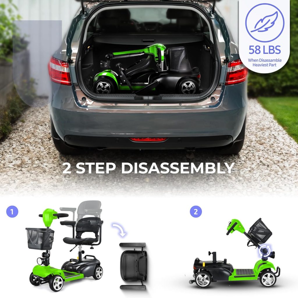 DECOMIL – Portable Mobility Scooter for Seniors, Foldable Electric Powered Scooter. Medical Travel Scooter for Adults, 4 Wheels, Lightweight and Portable (Green)
